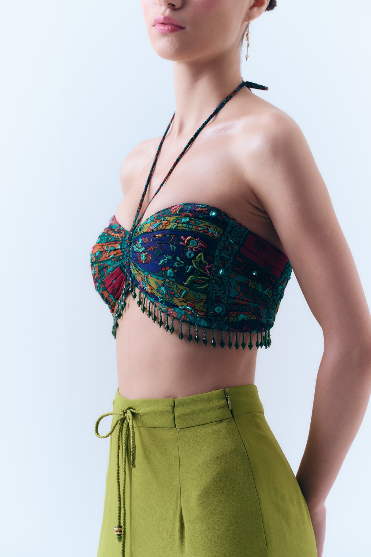 Beaded Patchwork Print Mirror Necktie Bralette in Silk Georgette