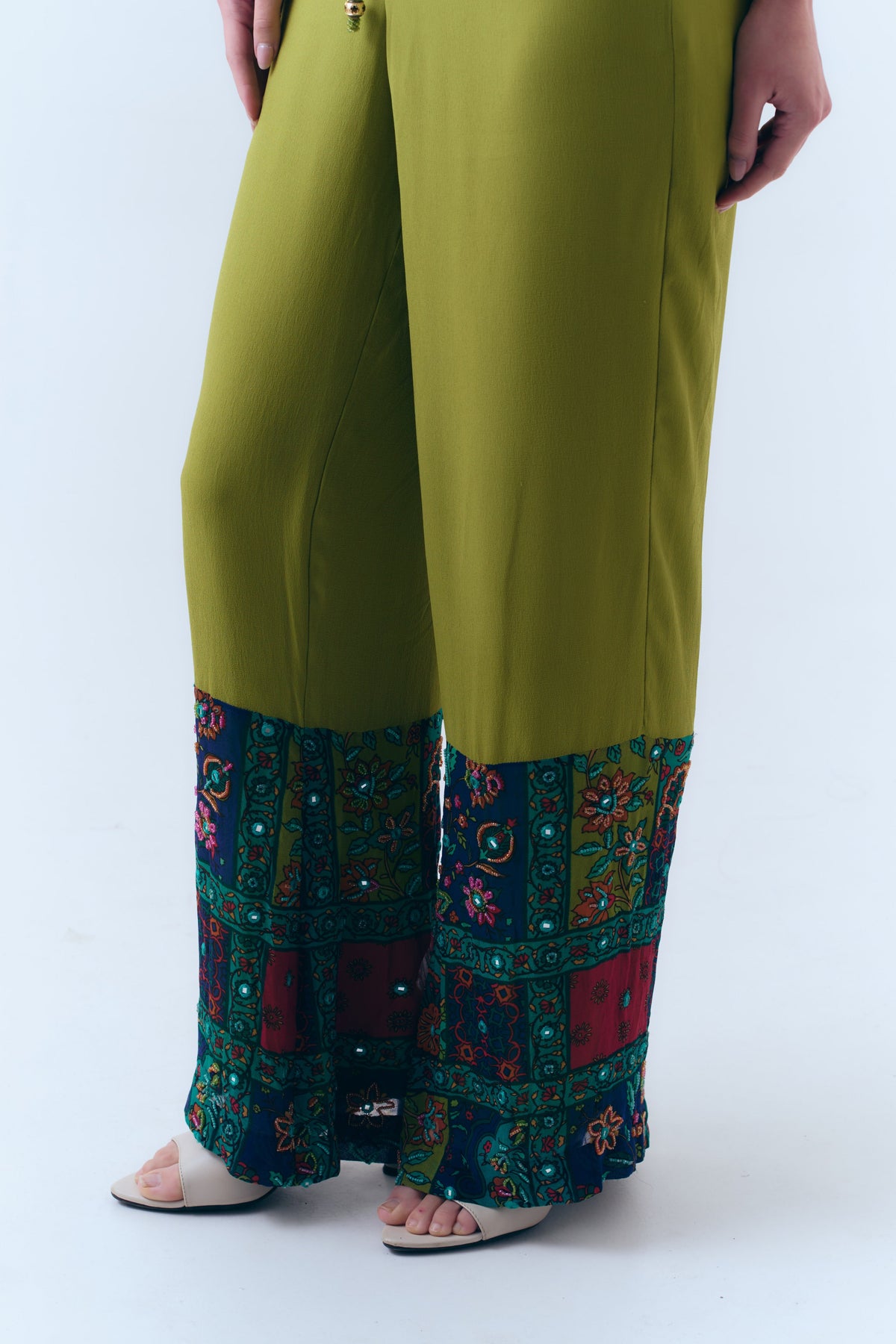 Beaded Patchwork Print Mirror Drawstring Pants in Silk Georgette