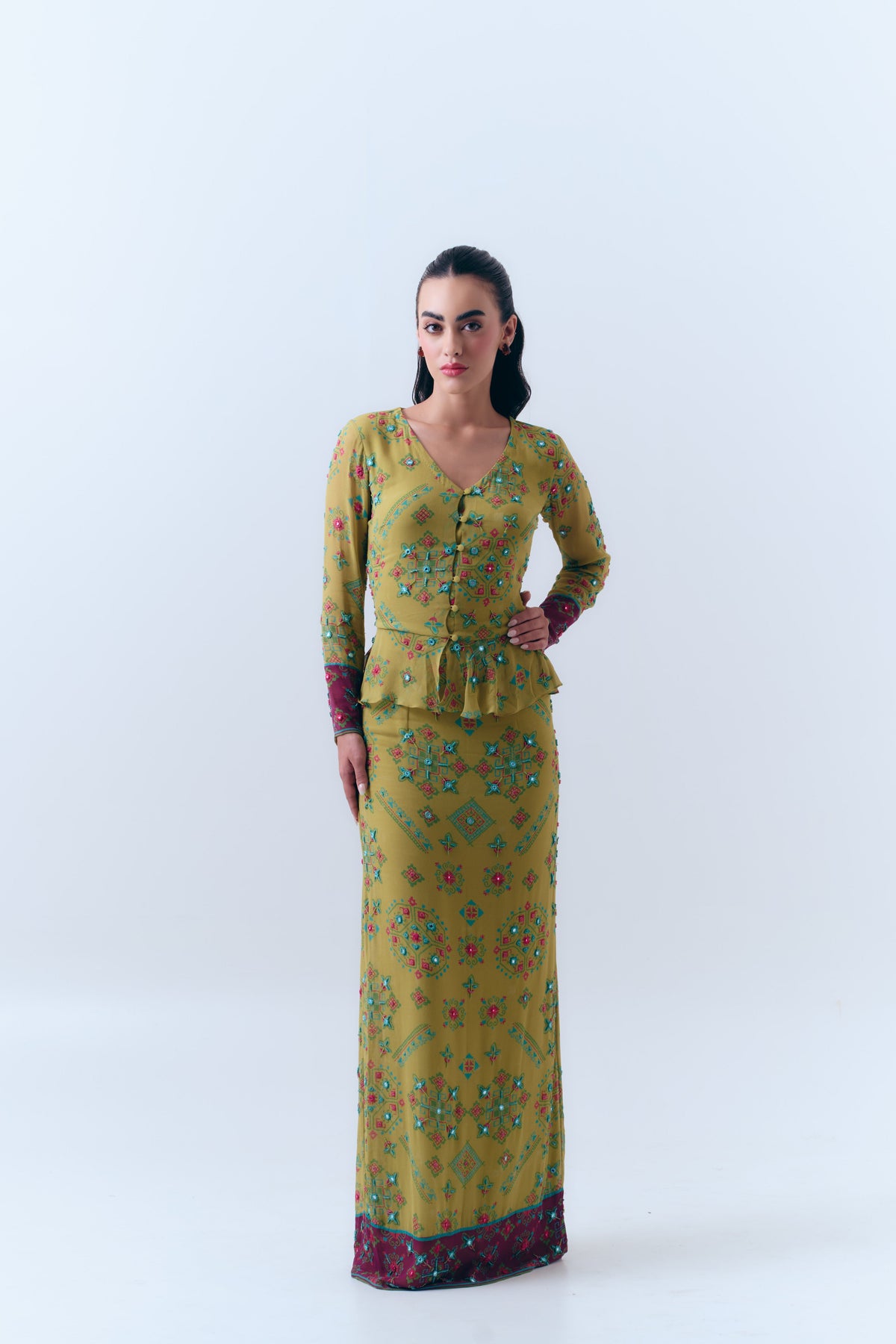 Poppy Patola Mirror Beaded Peplum Top and Fitted Maxi Skirt Set in Silk Georgette