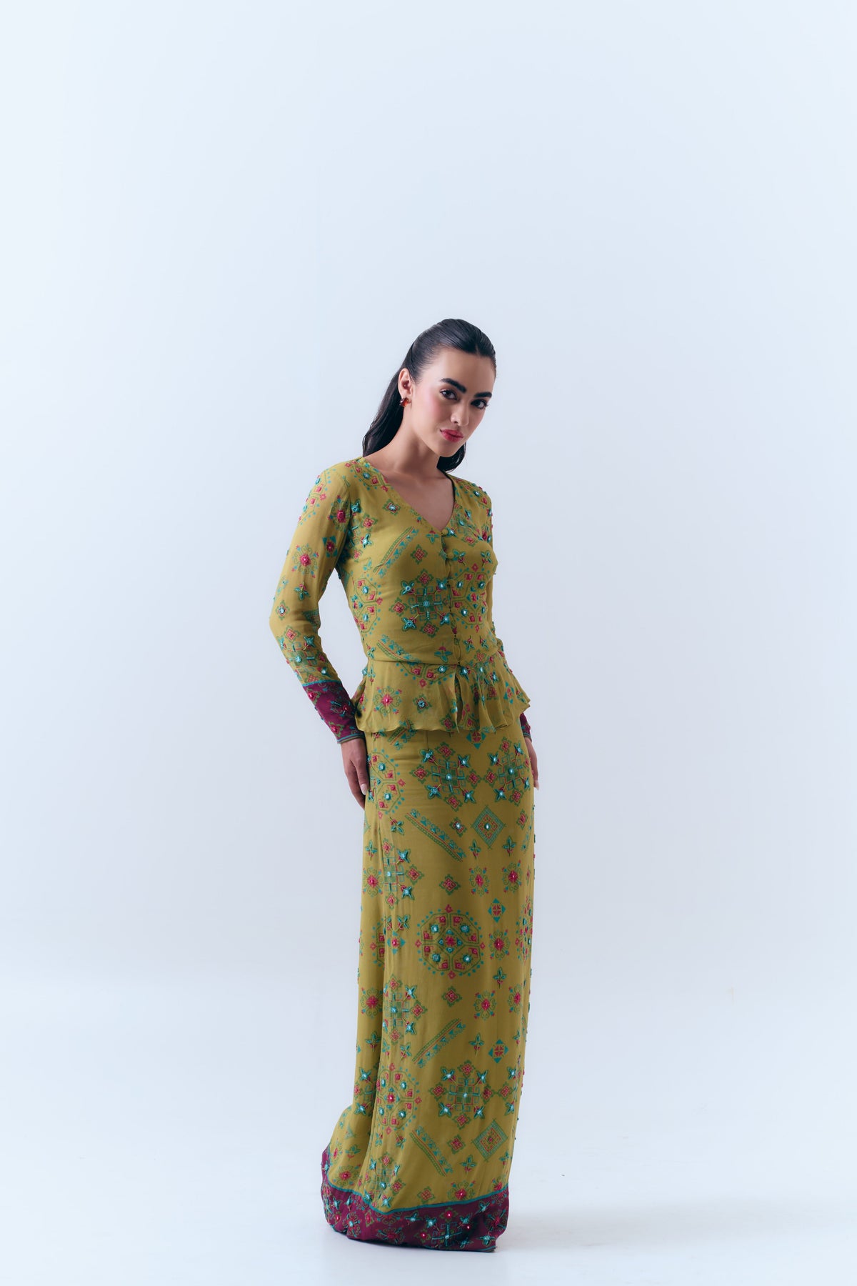Poppy Patola Mirror Beaded Peplum Top and Fitted Maxi Skirt Set in Silk Georgette