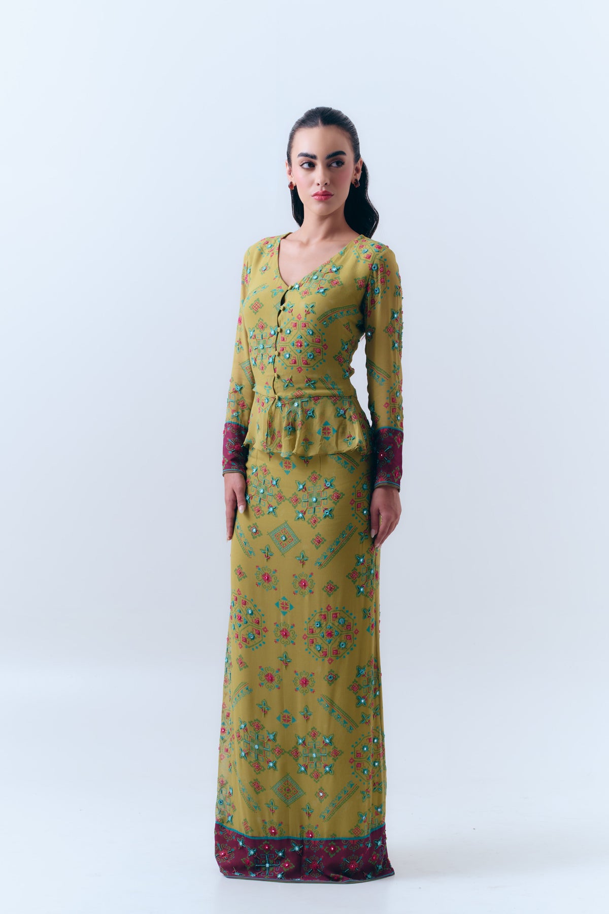 Poppy Patola Mirror Beaded Peplum Top and Fitted Maxi Skirt Set in Silk Georgette