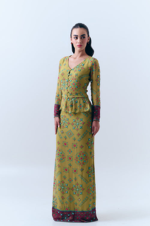 Poppy Patola Mirror Beaded Peplum Top and Fitted Maxi Skirt Set in Silk Georgette