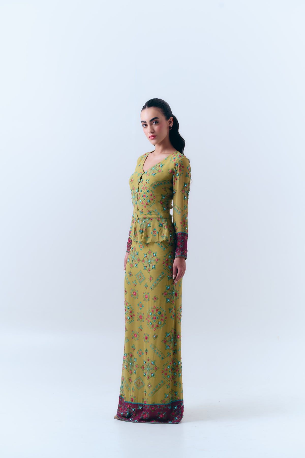 Poppy Patola Mirror Beaded Peplum Top and Fitted Maxi Skirt Set in Silk Georgette