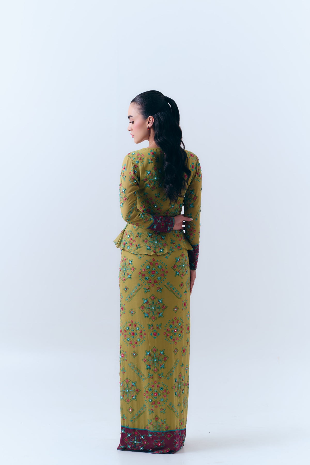 Poppy Patola Mirror Beaded Peplum Top and Fitted Maxi Skirt Set in Silk Georgette