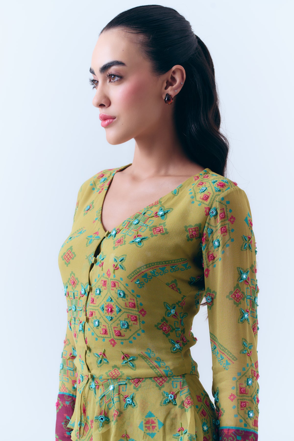Poppy Patola Mirror Beaded Peplum Top and Fitted Maxi Skirt Set in Silk Georgette