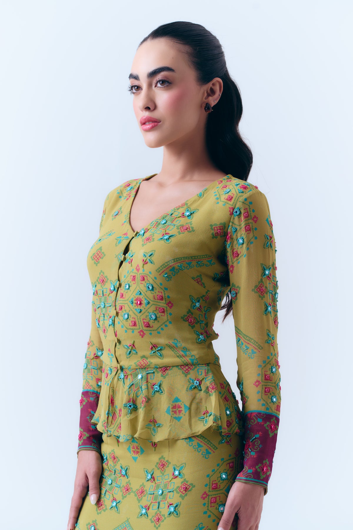 Poppy Patola Mirror Beaded Peplum Top and Fitted Maxi Skirt Set in Silk Georgette