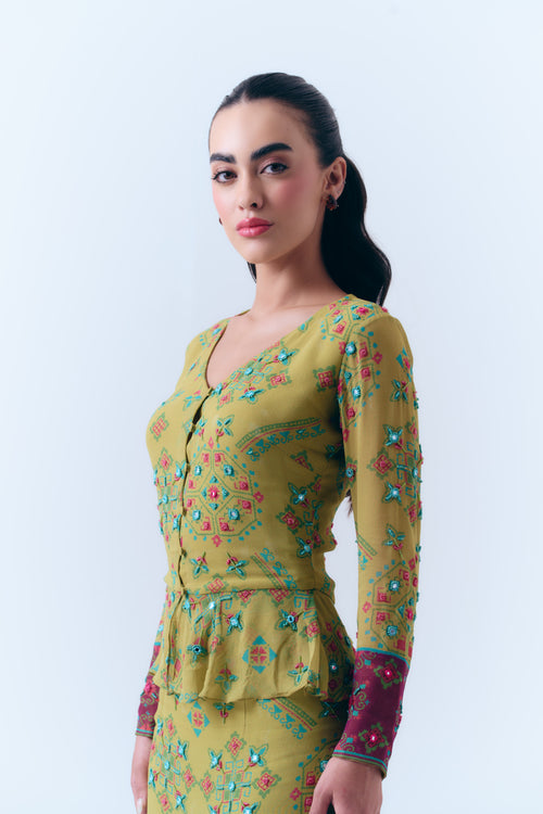 Poppy Patola Mirror Beaded Peplum Top and Fitted Maxi Skirt Set in Silk Georgette