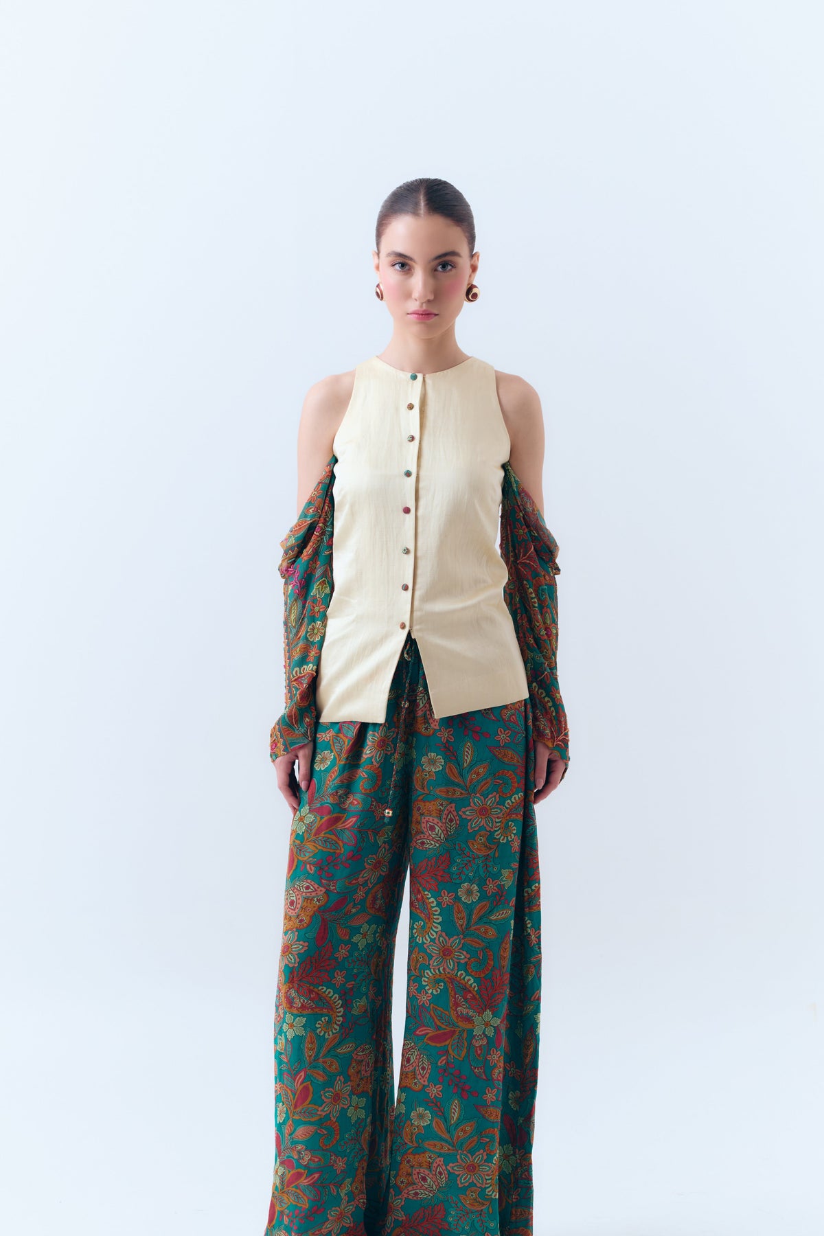 Flora Off-the-Shoulder Silk Linen Structured Top with Beaded Silk Georgette Sleeves