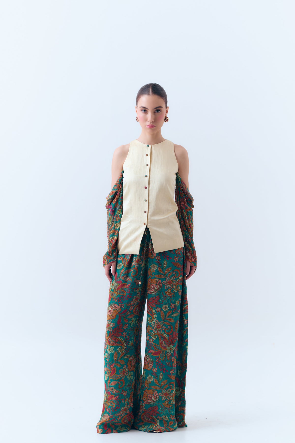 Flora Printed Silk Georgette Drawstring Pull On Pants