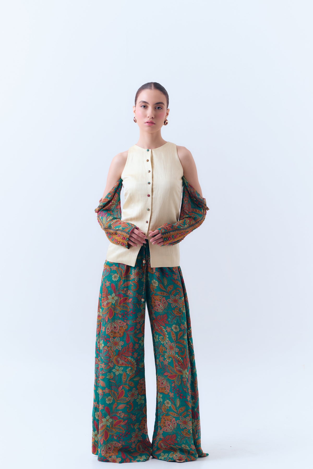 Flora Printed Silk Georgette Drawstring Pull On Pants