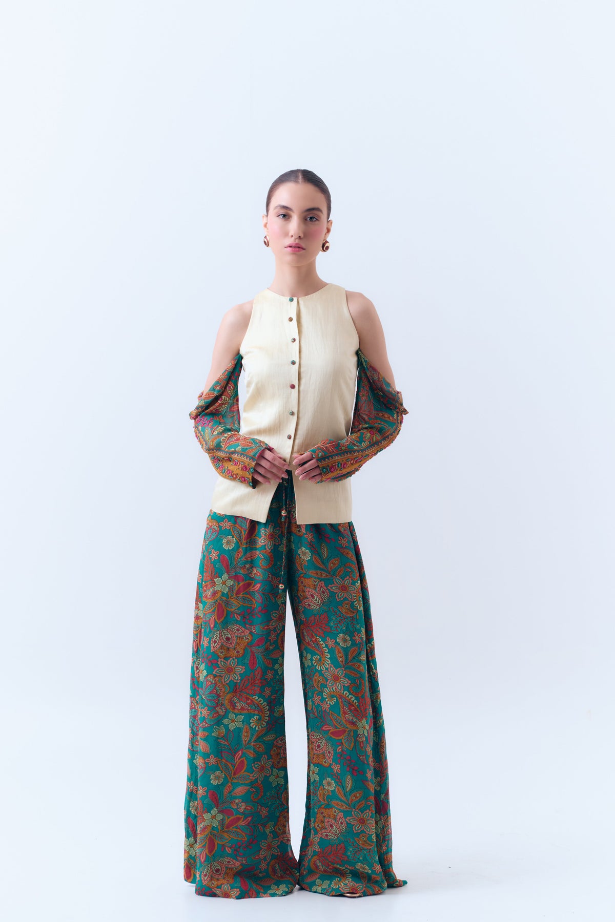 Flora Off-the-Shoulder Silk Linen Structured Top with Beaded Silk Georgette Sleeves
