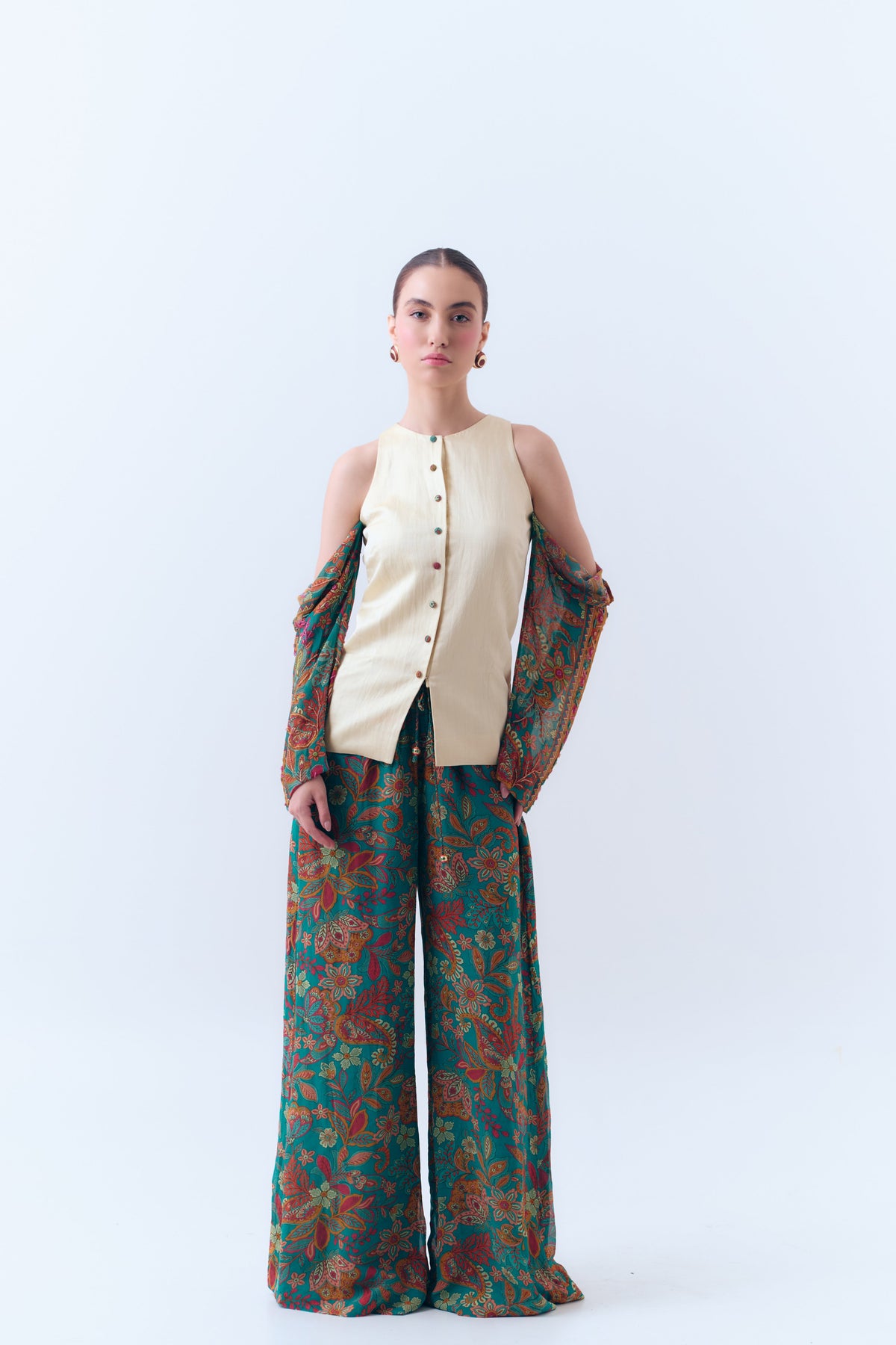 Flora Off-the-Shoulder Silk Linen Structured Top with Beaded Silk Georgette Sleeves