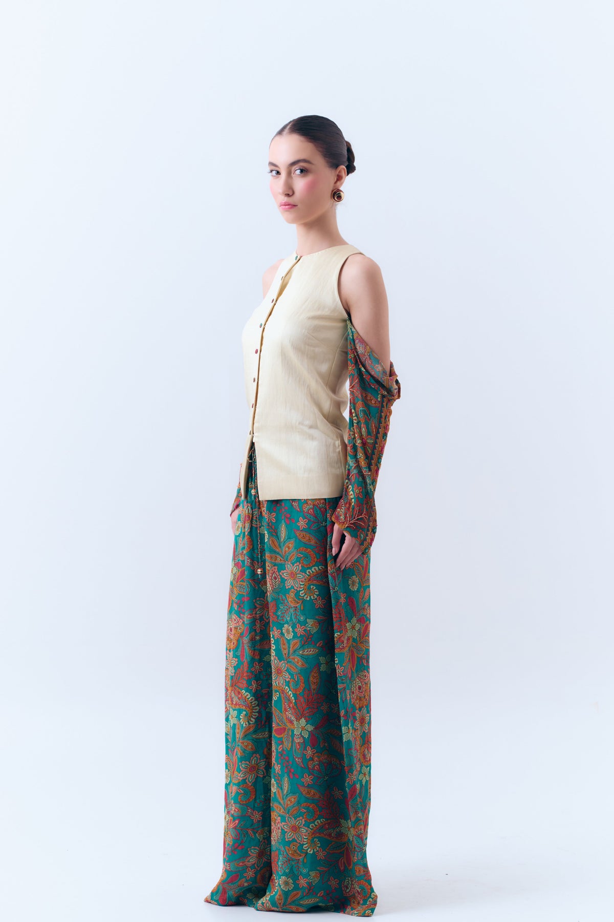 Flora Printed Silk Georgette Drawstring Pull On Pants