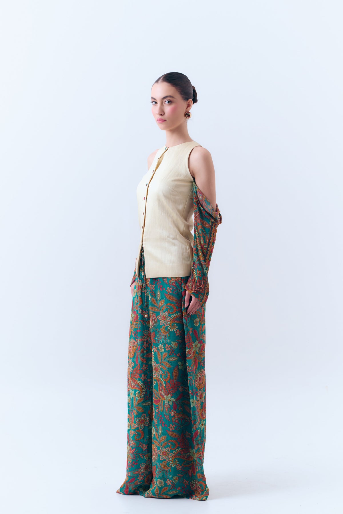 Flora Off-the-Shoulder Silk Linen Structured Top with Beaded Silk Georgette Sleeves