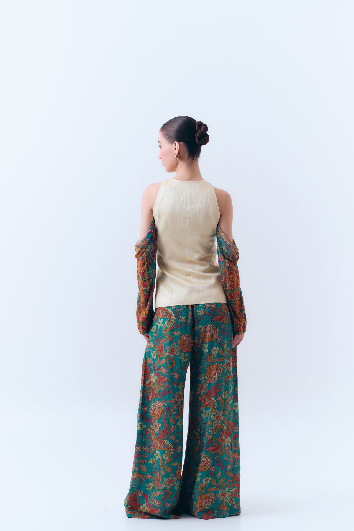 Flora Off-the-Shoulder Silk Linen Structured Top with Beaded Silk Georgette Sleeves