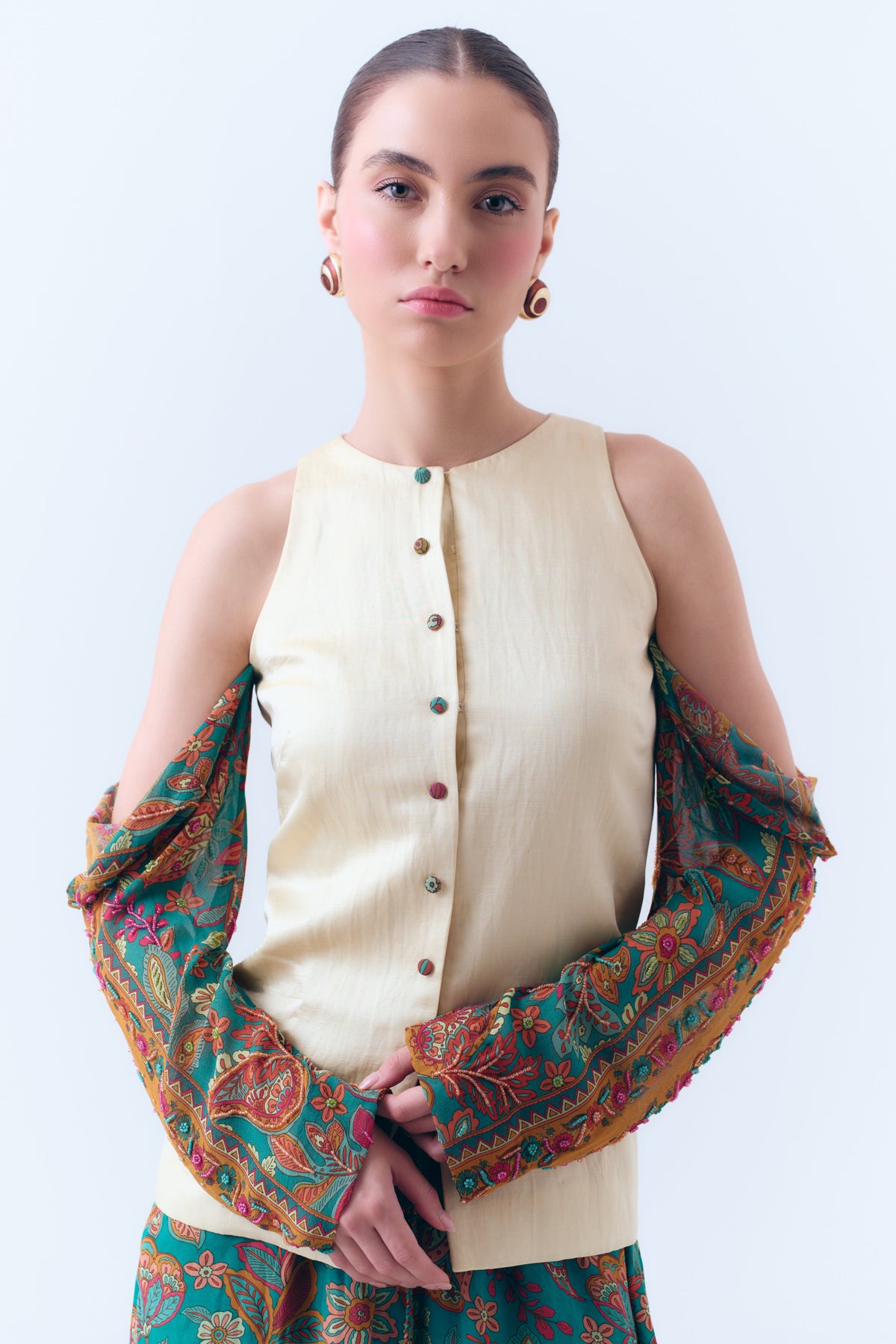 Flora Off-the-Shoulder Silk Linen Structured Top with Beaded Silk Georgette Sleeves