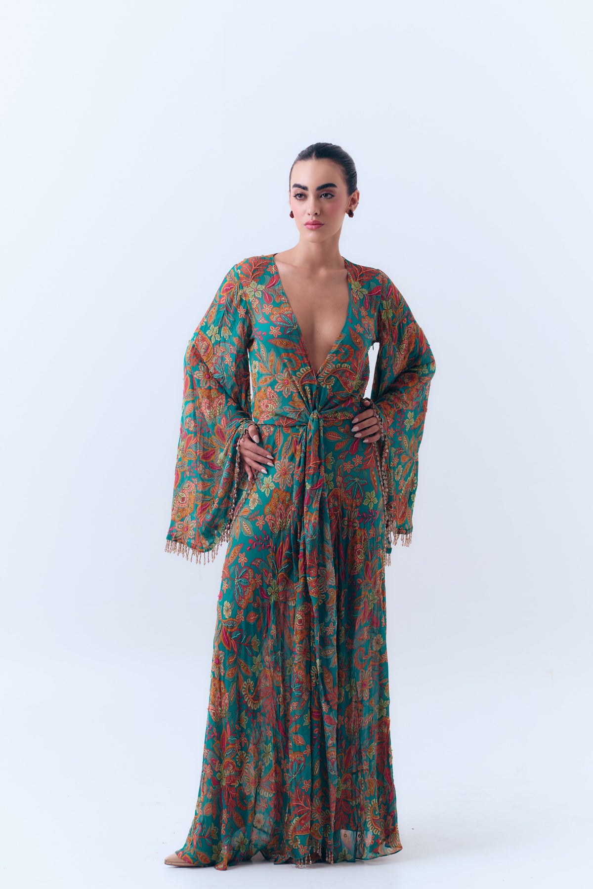 Bahar Beaded Floral Knotted Maxi Dress in Silk Georgette
