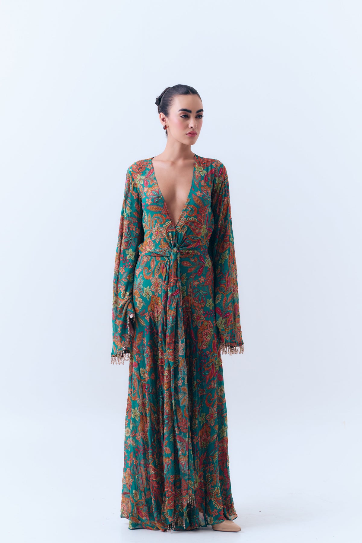 Bahar Beaded Floral Knotted Maxi Dress in Silk Georgette