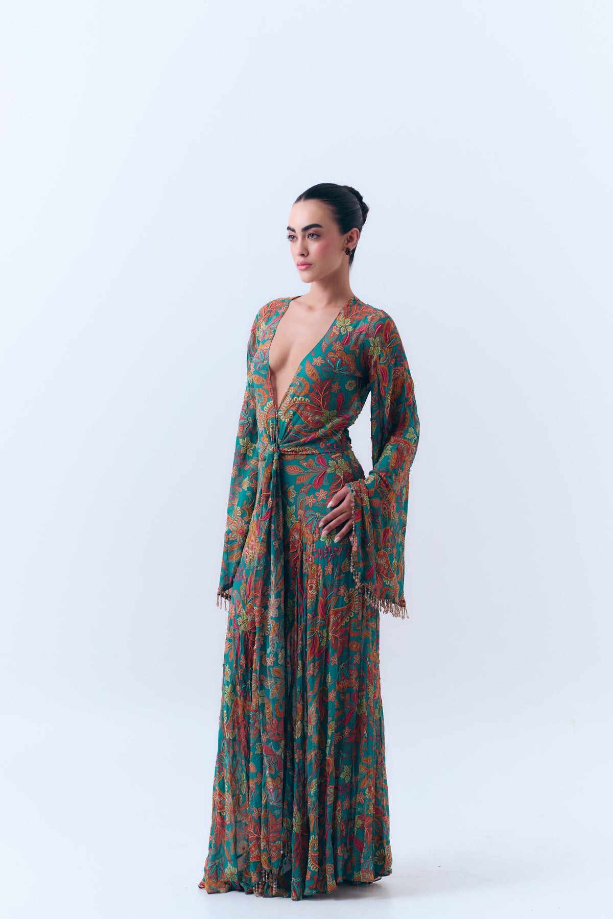 Bahar Beaded Floral Knotted Maxi Dress in Silk Georgette