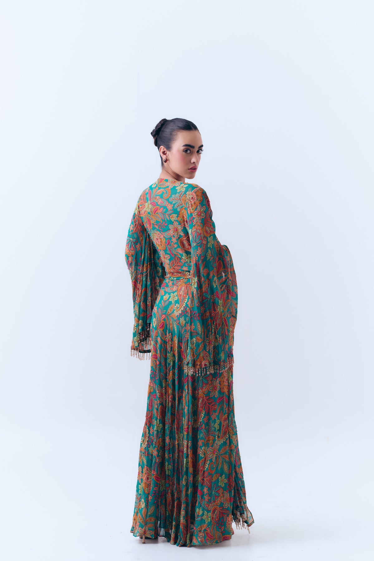 Bahar Beaded Floral Knotted Maxi Dress in Silk Georgette
