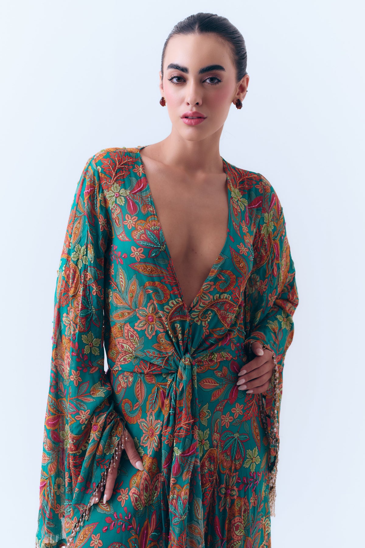 Bahar Beaded Floral Knotted Maxi Dress in Silk Georgette