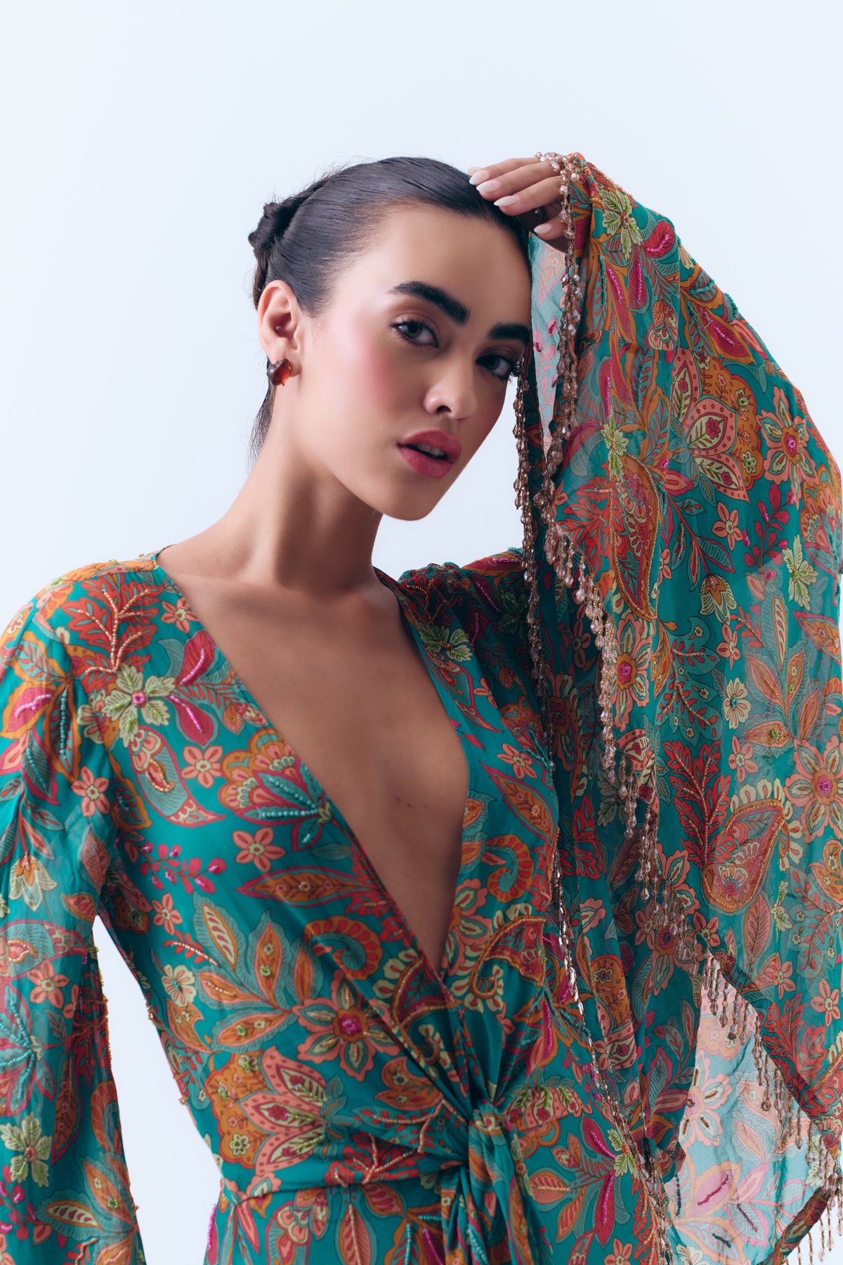 Bahar Beaded Floral Knotted Maxi Dress in Silk Georgette