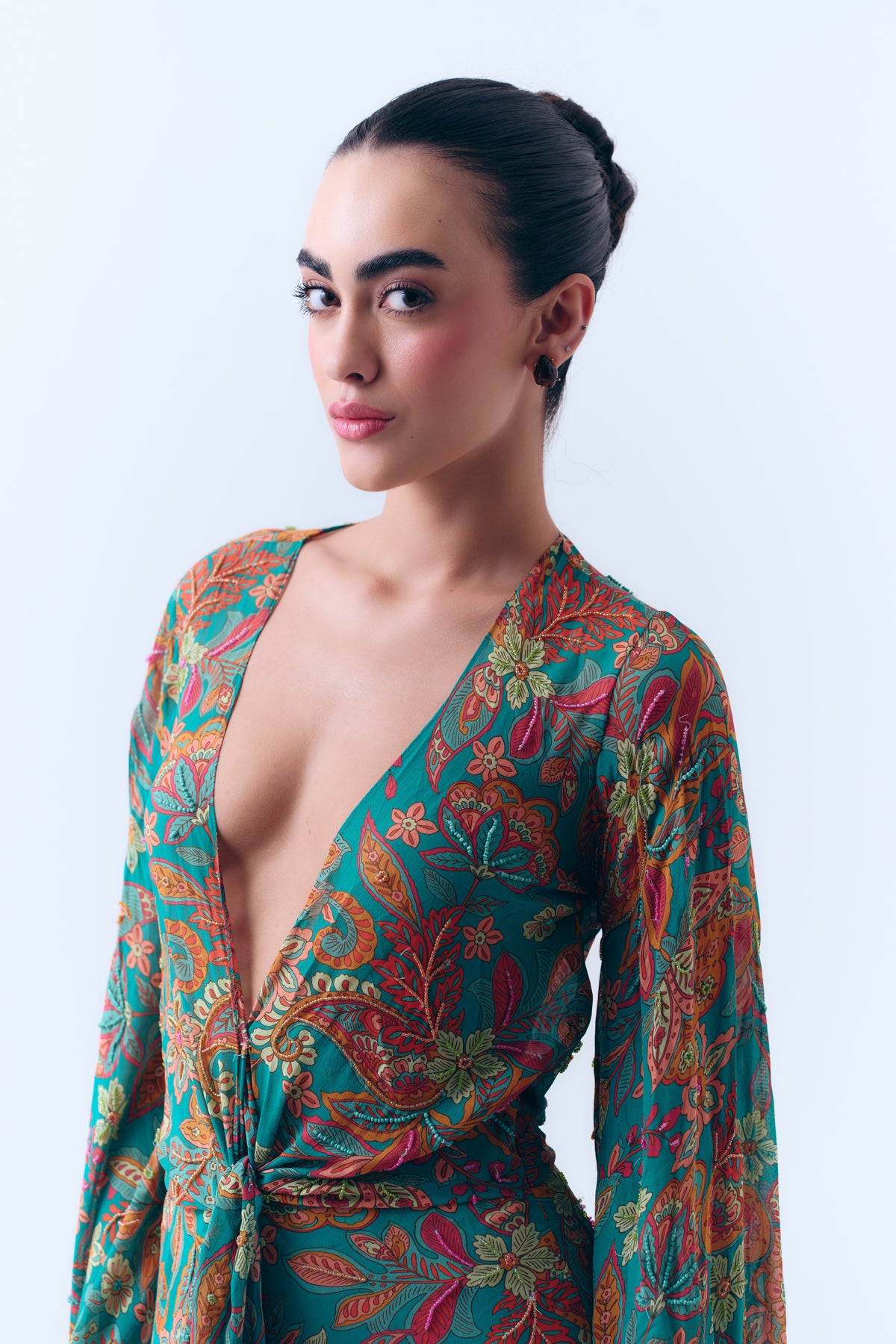 Bahar Beaded Floral Knotted Maxi Dress in Silk Georgette