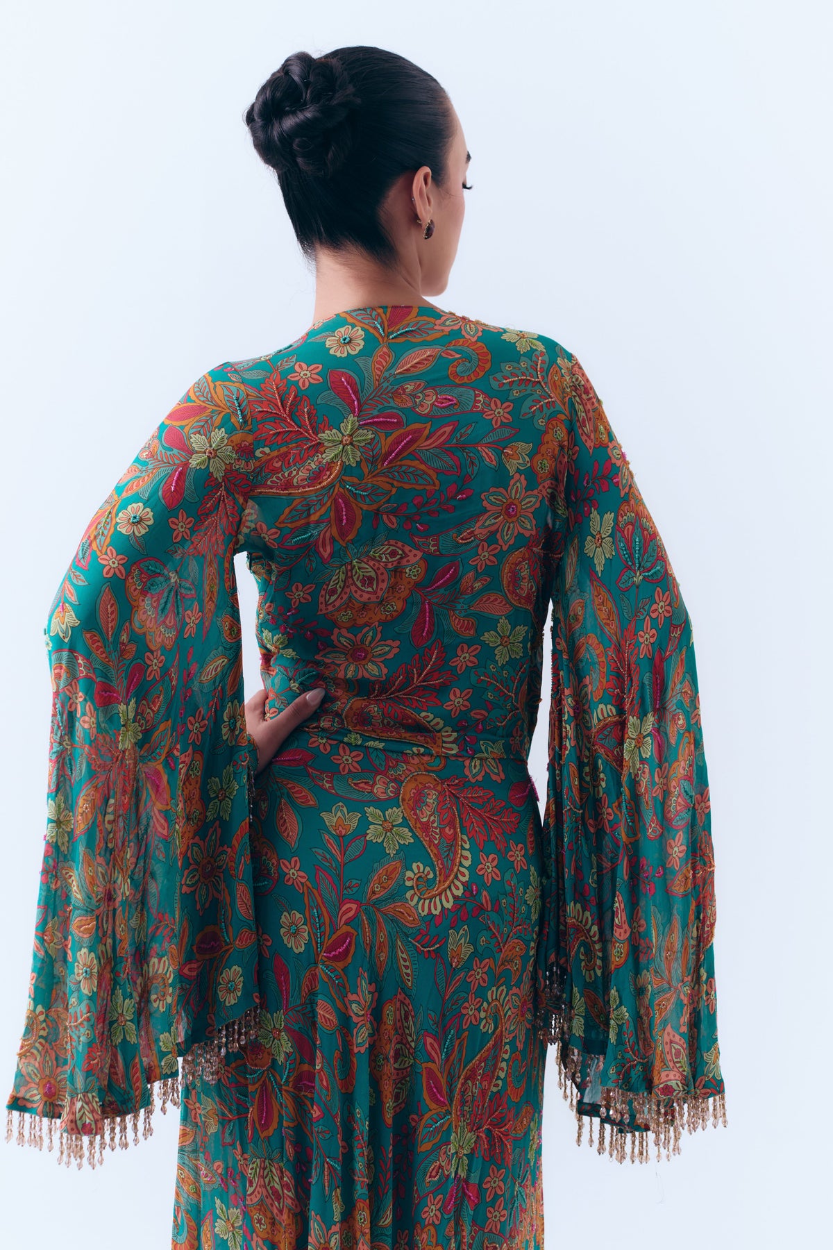 Bahar Beaded Floral Knotted Maxi Dress in Silk Georgette