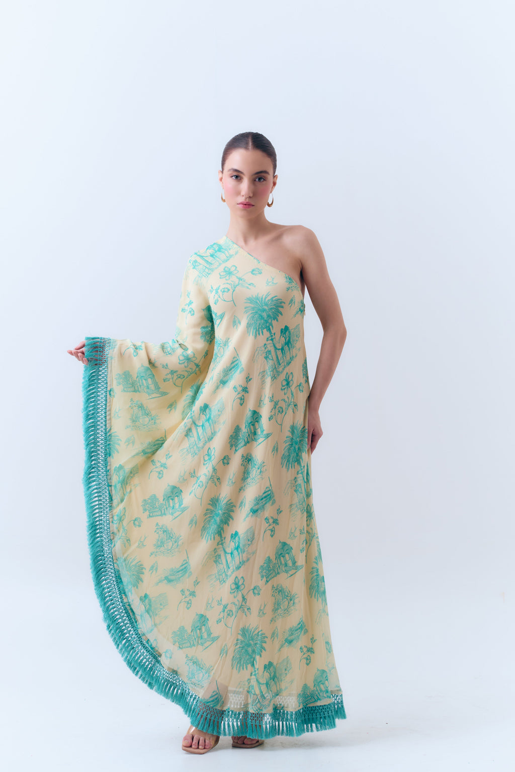 Silk Georgette Daydreams Printed One Shoulder Fringe Kaftan