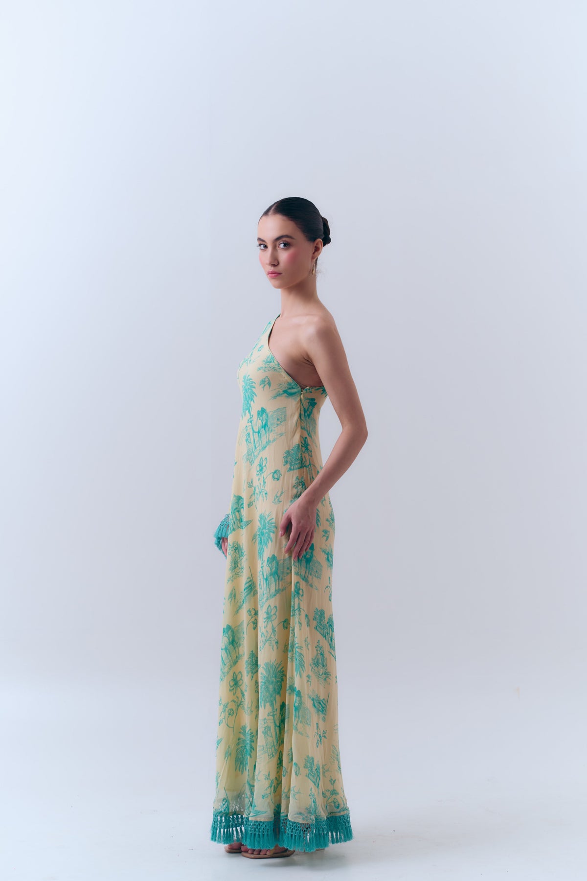 Silk Georgette Daydreams Printed One Shoulder Fringe Kaftan