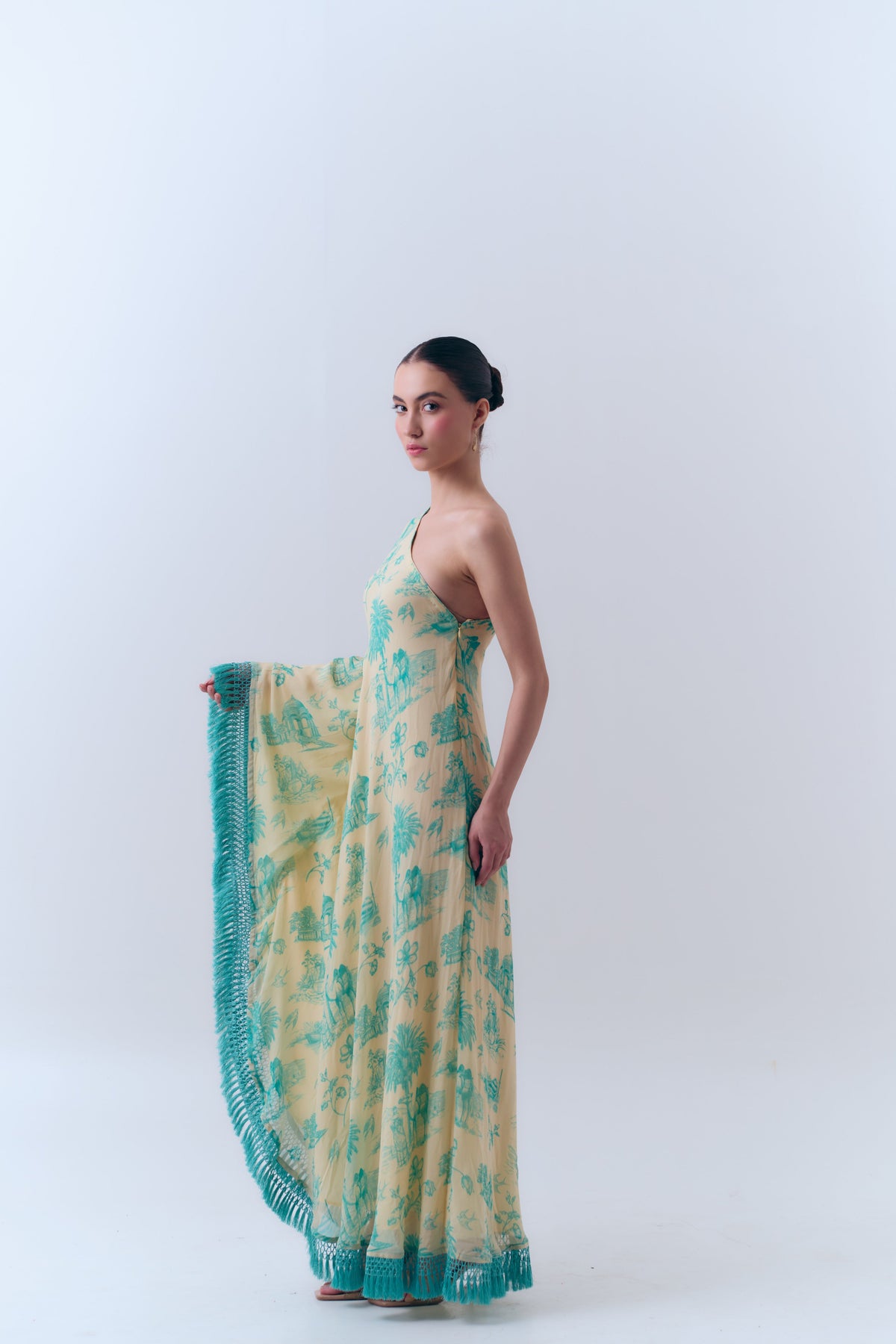 Silk Georgette Daydreams Printed One Shoulder Fringe Kaftan