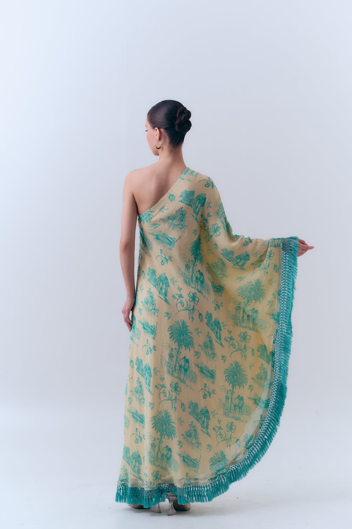 Silk Georgette Daydreams Printed One Shoulder Fringe Kaftan