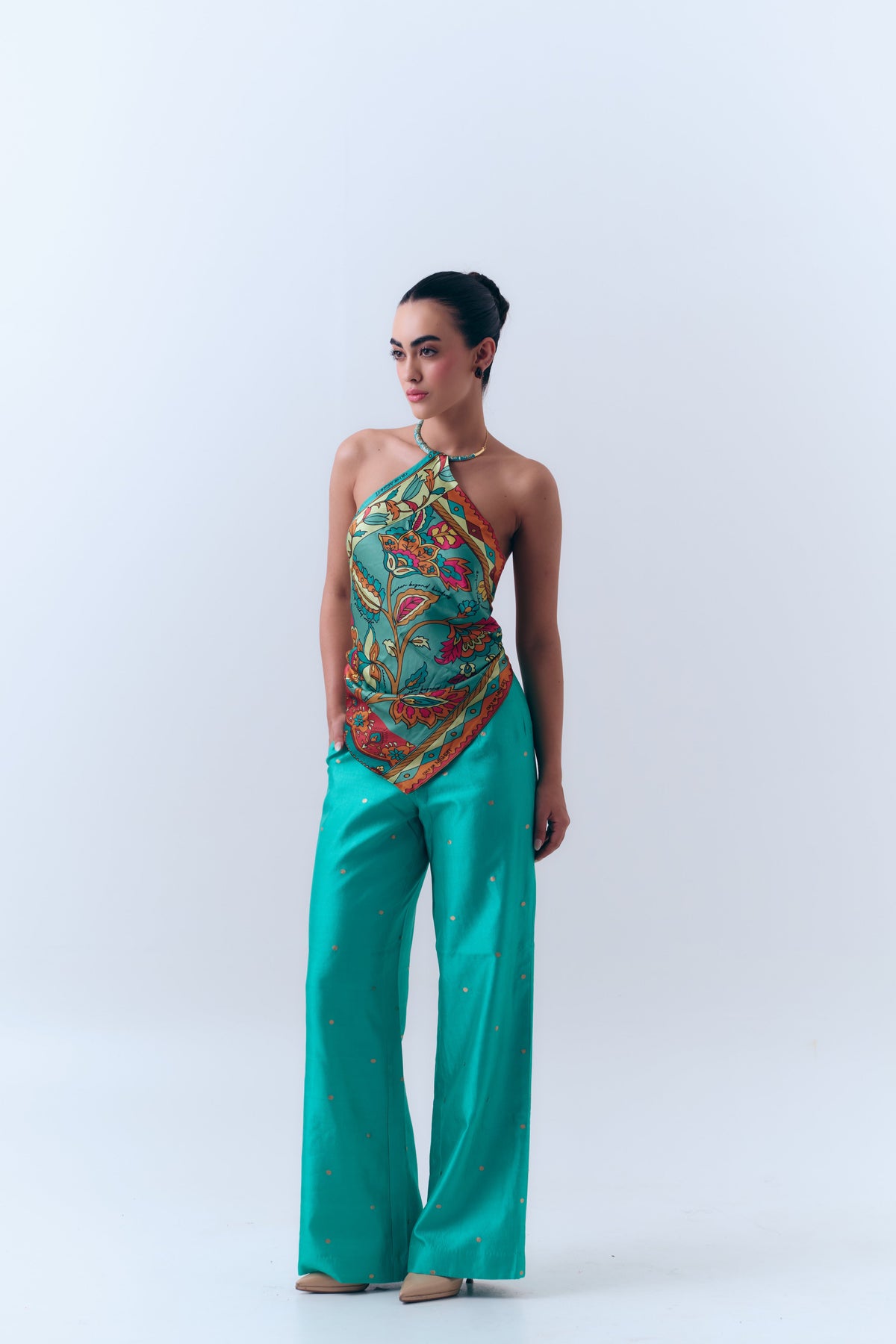 Silk Satin Scarf Top with Hand-painted Meenakari Choker