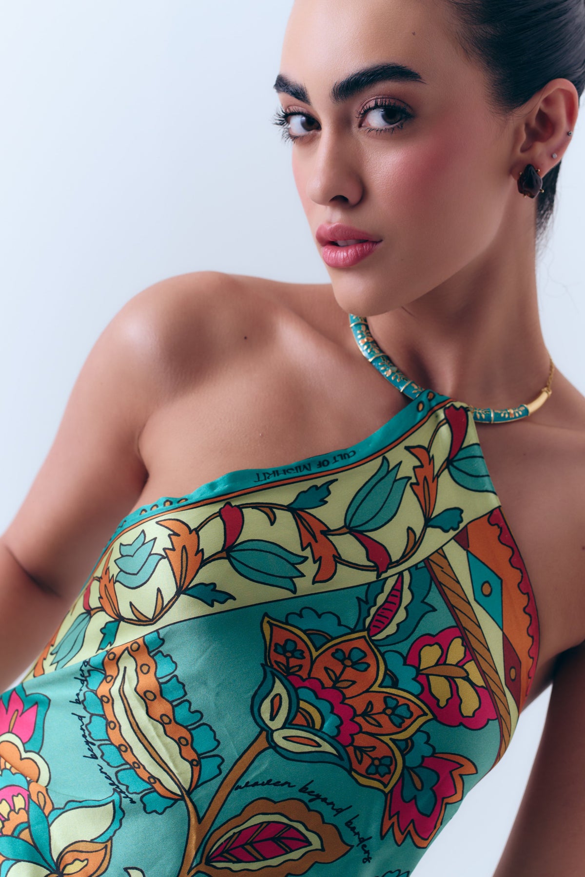 Silk Satin Scarf Top with Hand-painted Meenakari Choker