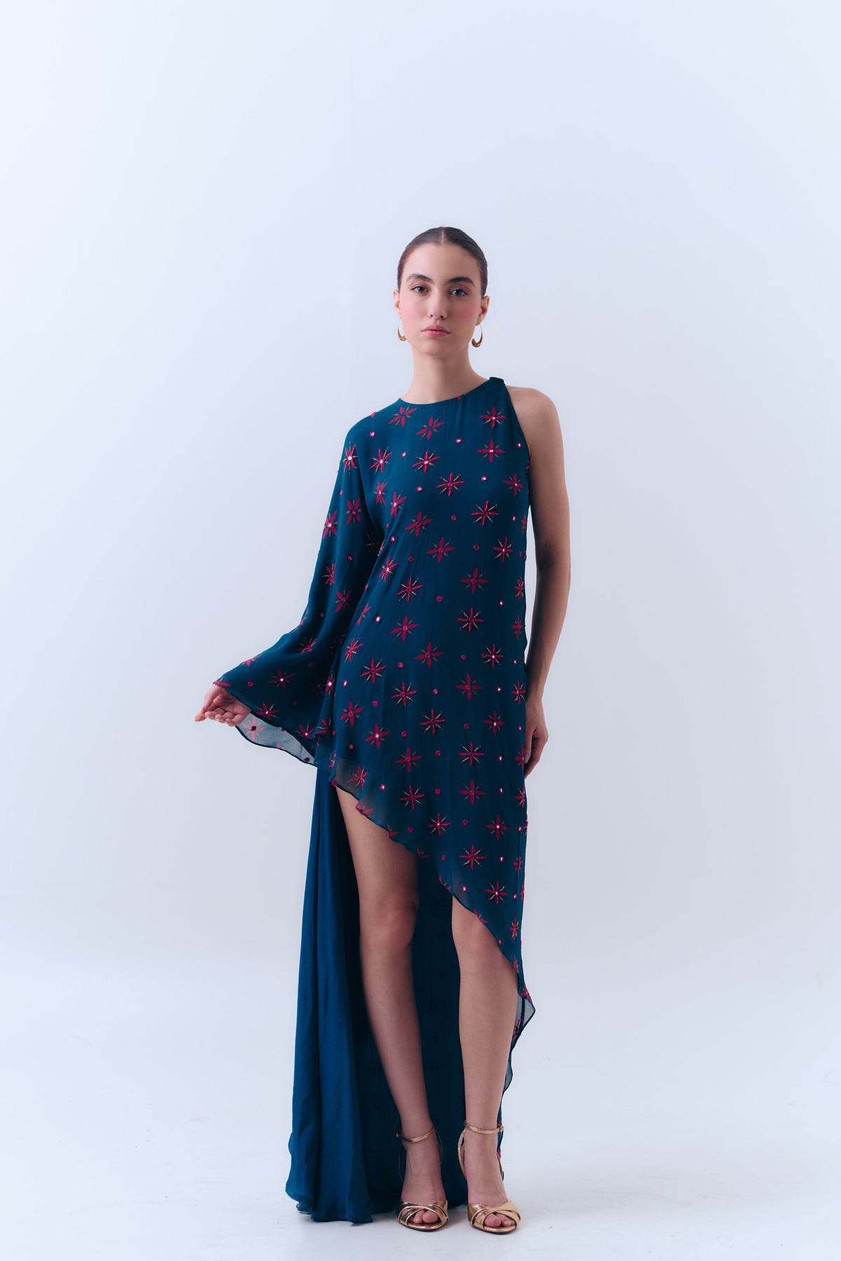 Midnight Stars Mirror Beaded Asymmetrical Dress in Silk Georgette
