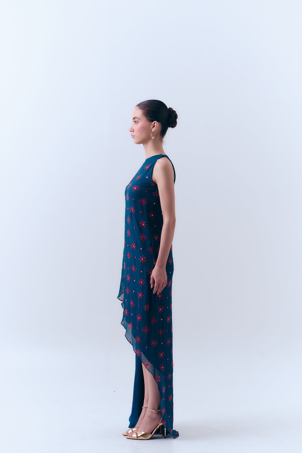 Midnight Stars Mirror Beaded Asymmetrical Dress in Silk Georgette