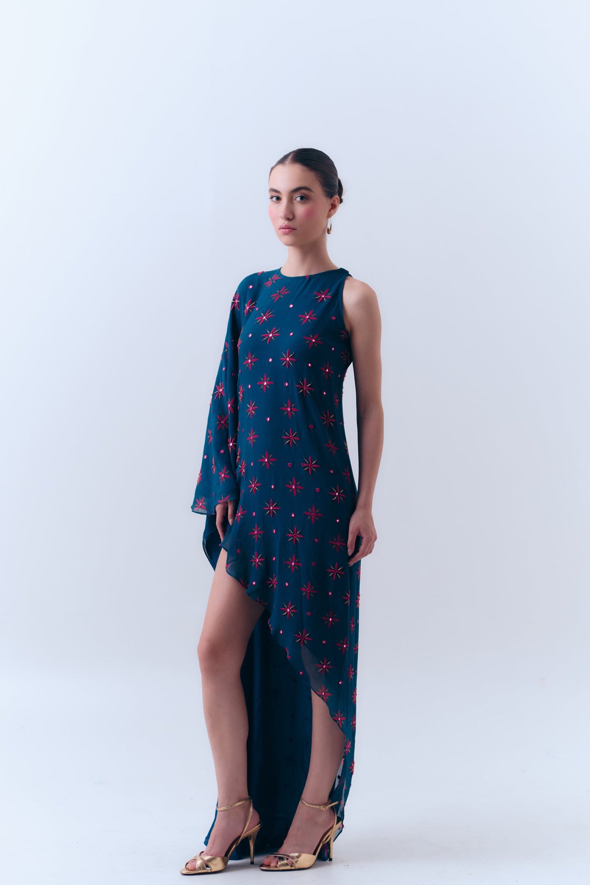 Midnight Stars Mirror Beaded Asymmetrical Dress in Silk Georgette
