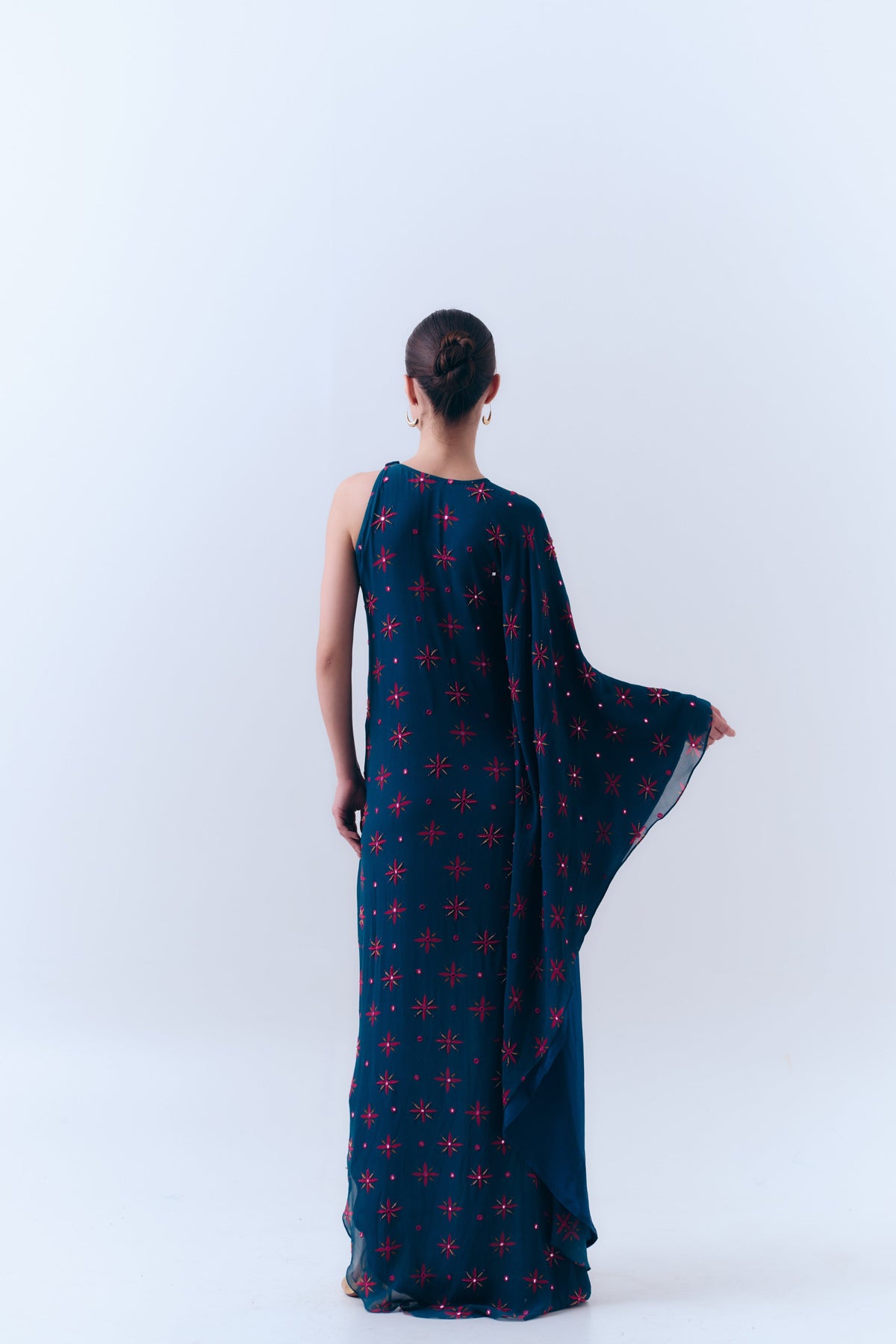 Midnight Stars Mirror Beaded Asymmetrical Dress in Silk Georgette
