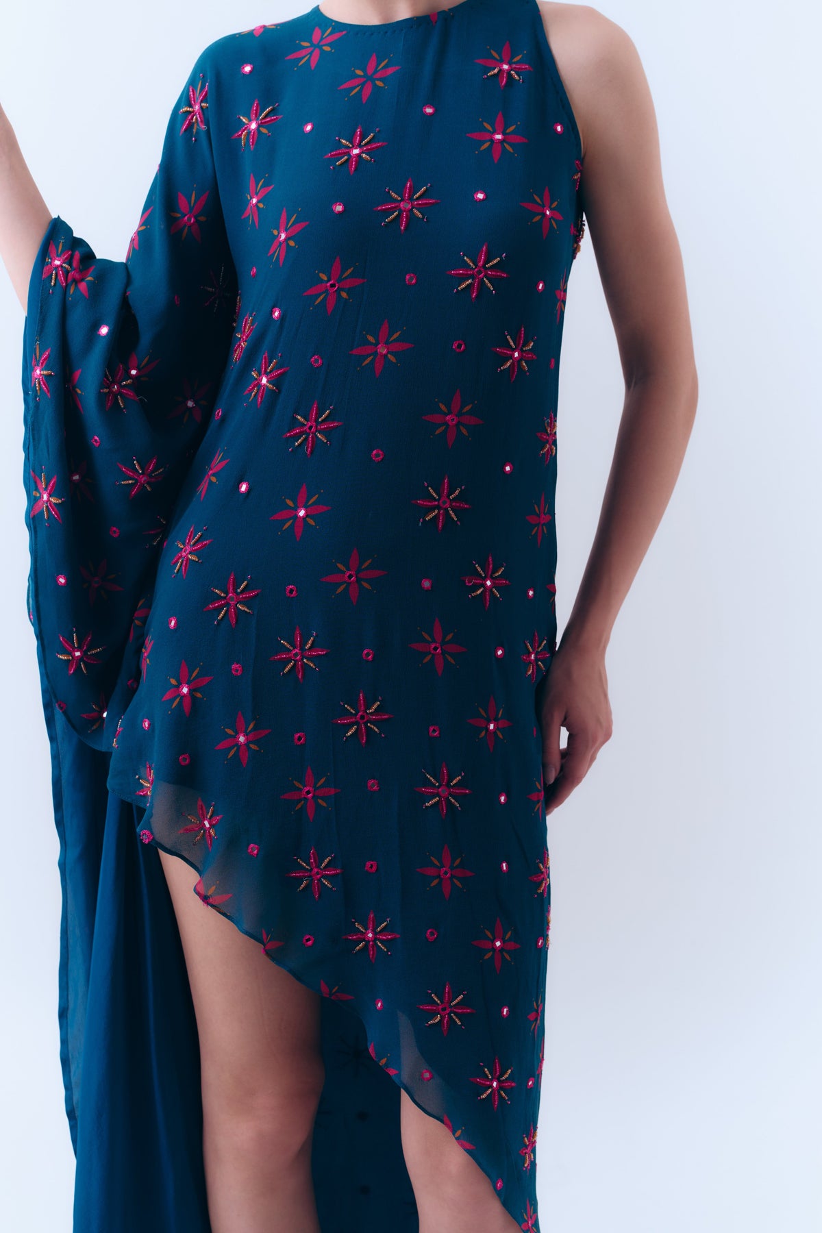 Midnight Stars Mirror Beaded Asymmetrical Dress in Silk Georgette