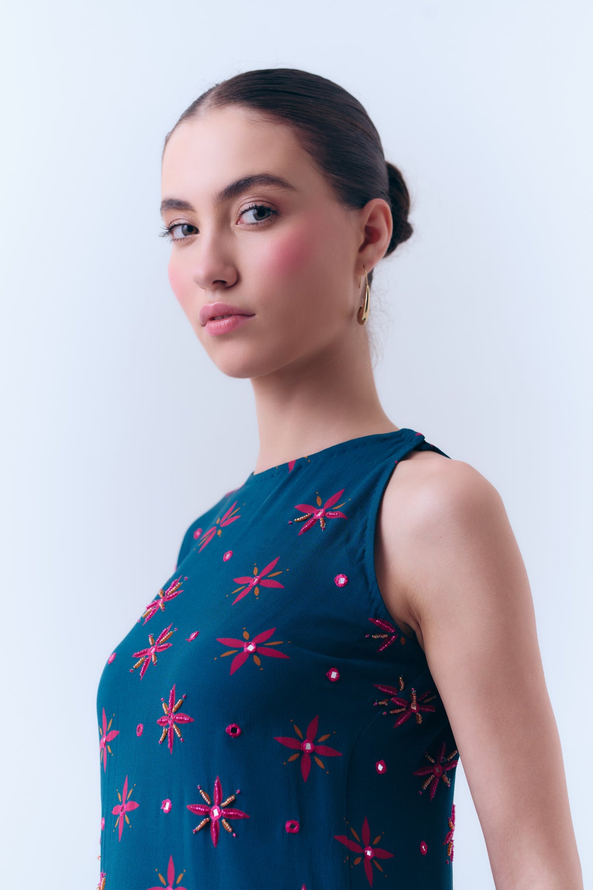 Midnight Stars Mirror Beaded Asymmetrical Dress in Silk Georgette