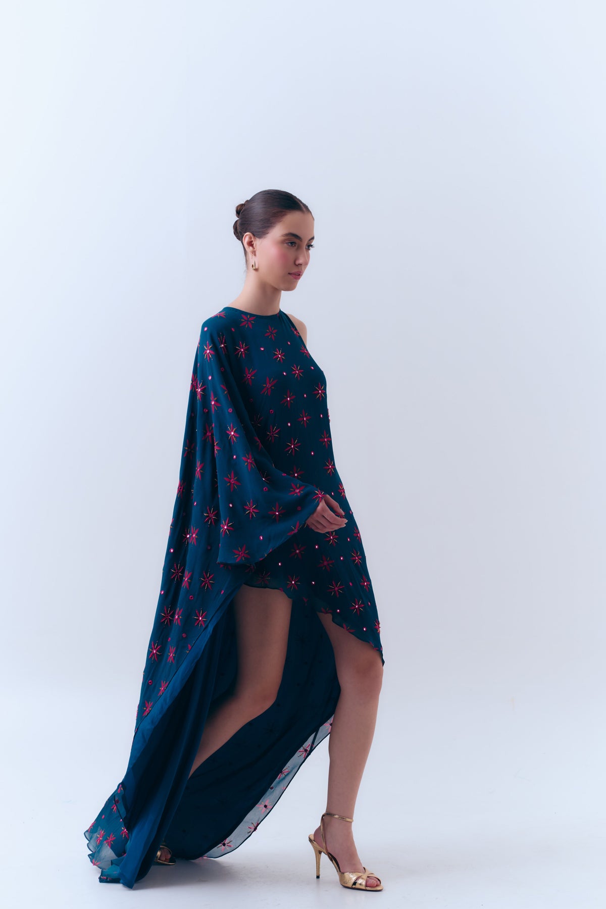 Midnight Stars Mirror Beaded Asymmetrical Dress in Silk Georgette