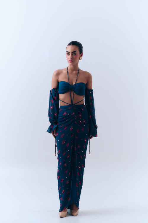 Midnight Ties Mirror Beaded Drape Skirt in Silk Georgette