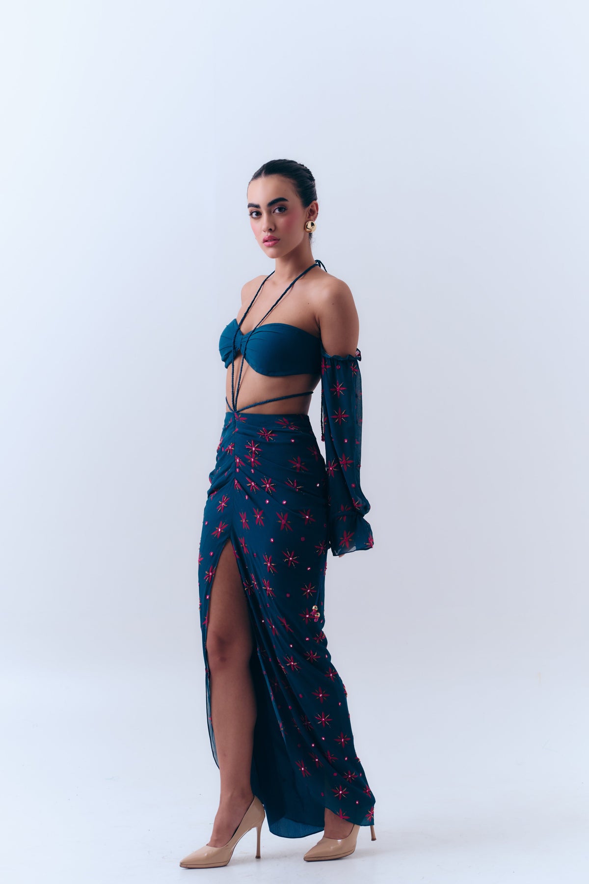 Midnight Stars Mirror Beaded Strapless Bra Top in Silk Georgette