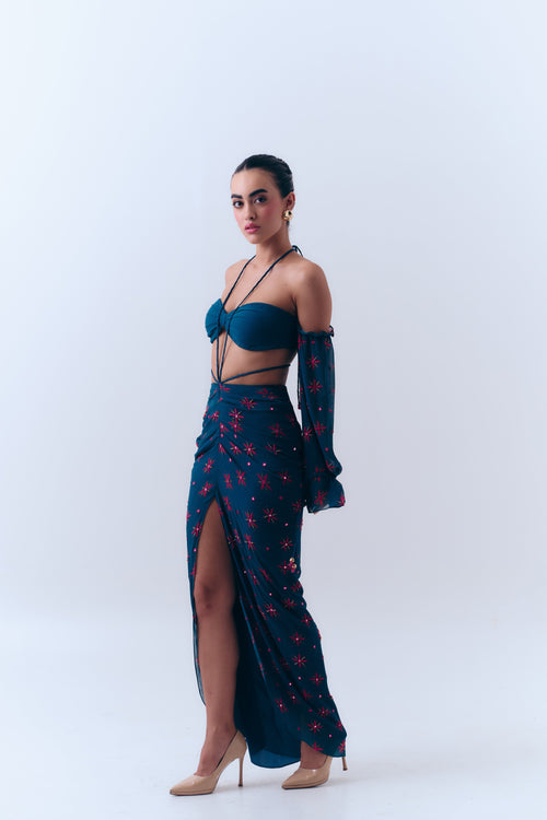 Midnight Ties Mirror Beaded Drape Skirt in Silk Georgette