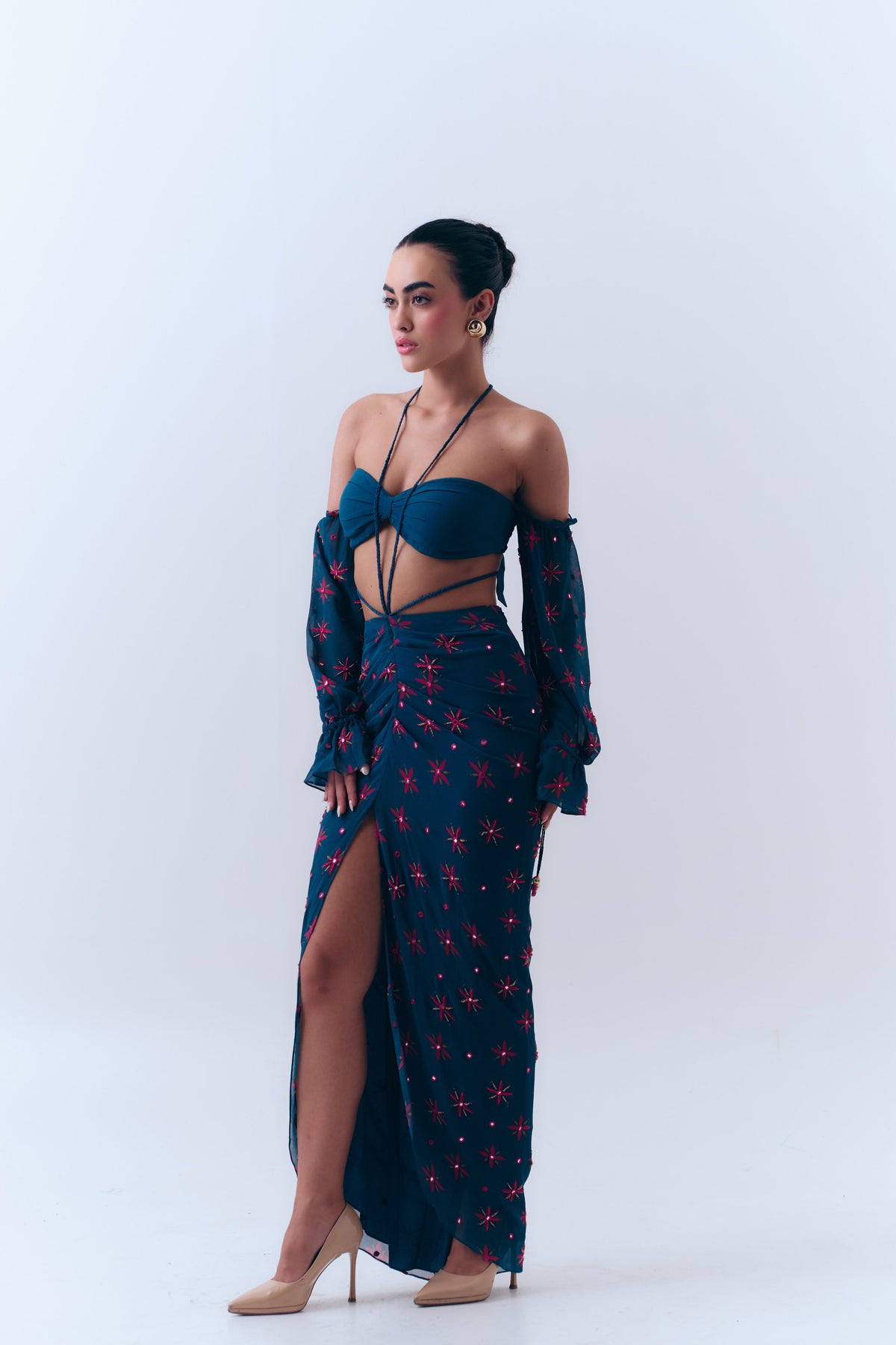 Midnight Stars Mirror Beaded Strapless Bra Top in Silk Georgette