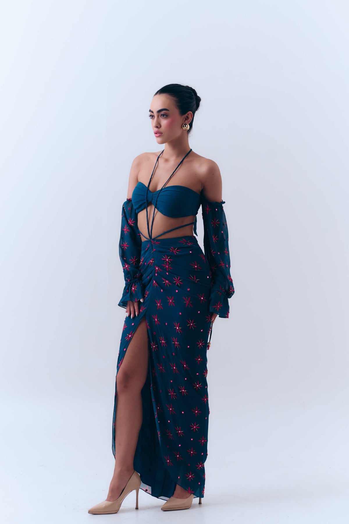 Midnight Ties Mirror Beaded Drape Skirt in Silk Georgette