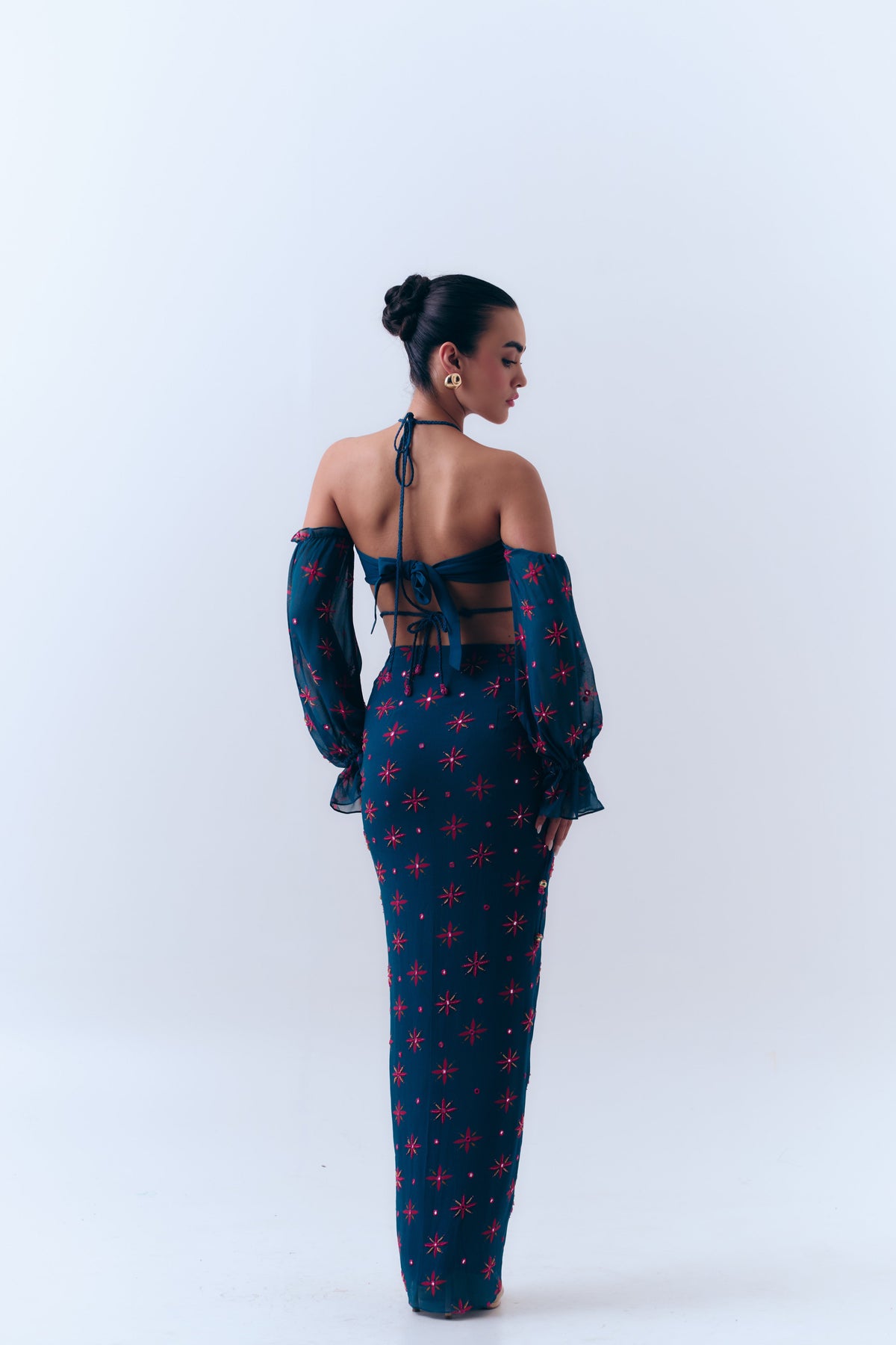 Midnight Ties Mirror Beaded Drape Skirt in Silk Georgette