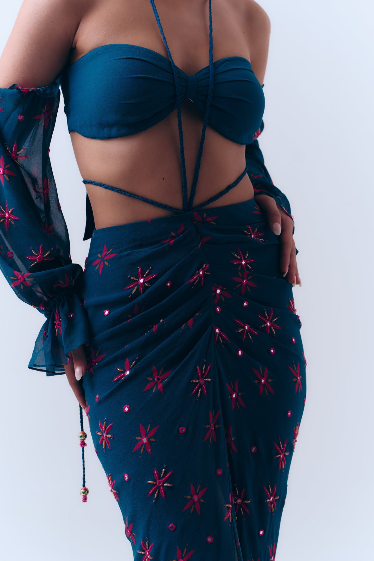Midnight Ties Mirror Beaded Drape Skirt in Silk Georgette
