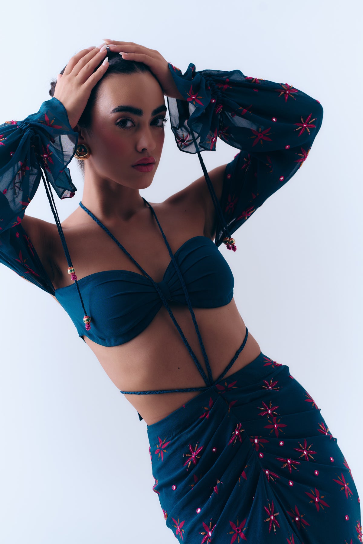 Midnight Stars Mirror Beaded Strapless Bra Top in Silk Georgette