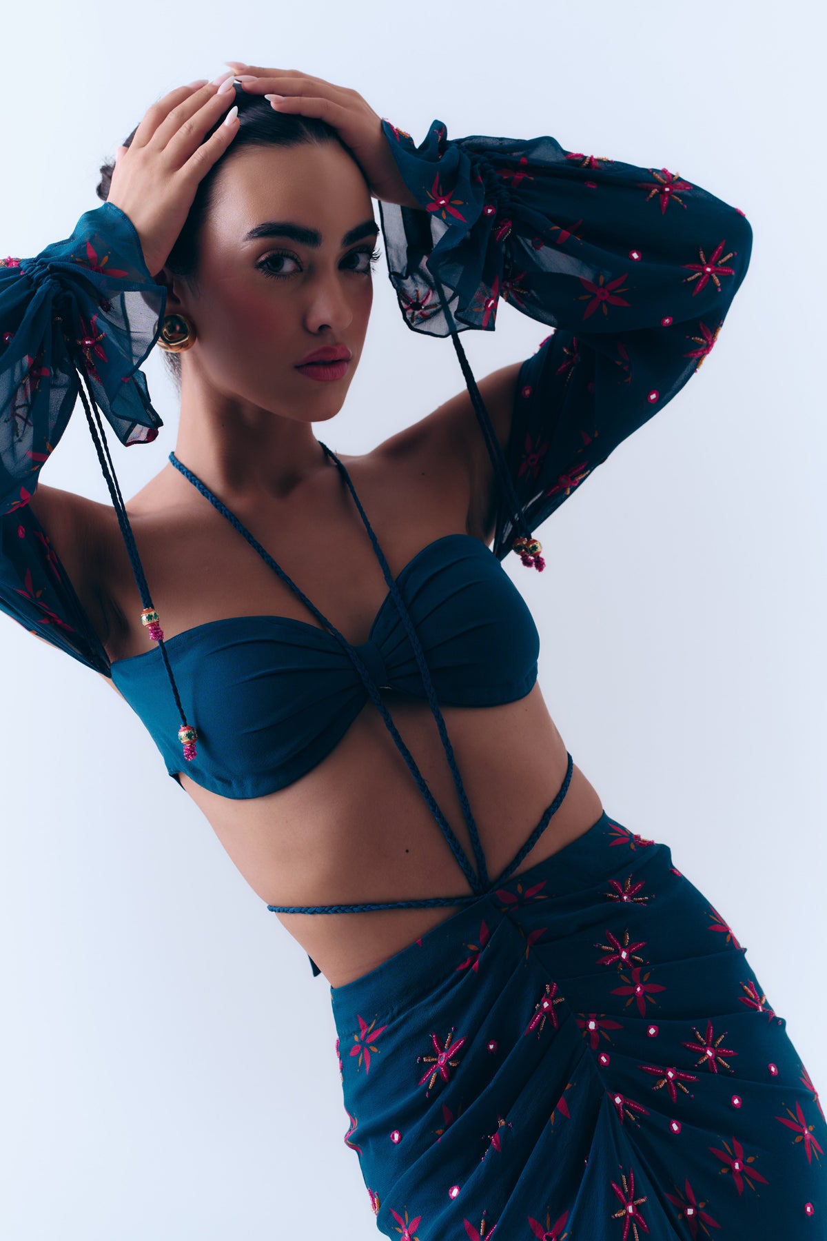 Midnight Ties Mirror Beaded Drape Skirt in Silk Georgette